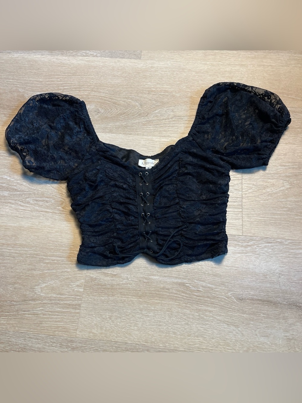 MERAKI Black Lace Puff Sleeve Crop Top Whimsigoth Fairy Goth Grunge Halloween